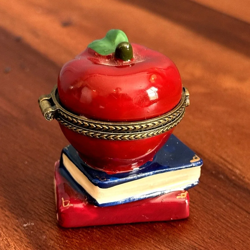 Vintage Apple Trinket Box Teacher Gift Hinged Book Stack Classroom Decor - Picture 3 of 7